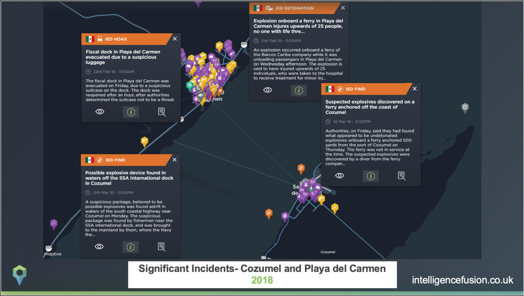 Significant incidents plotted on a map that affect the Caribbean cruise industry in Cozumel and Playa del Carmen